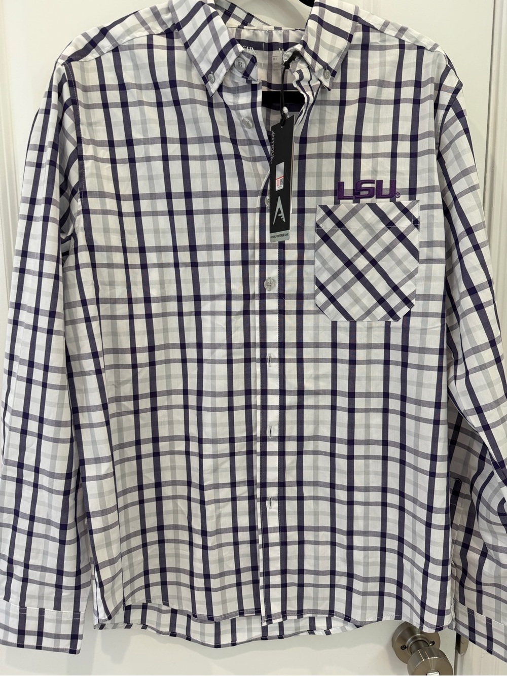 NWT Antigua White and Purple Plaid LSU Button Down Shirt